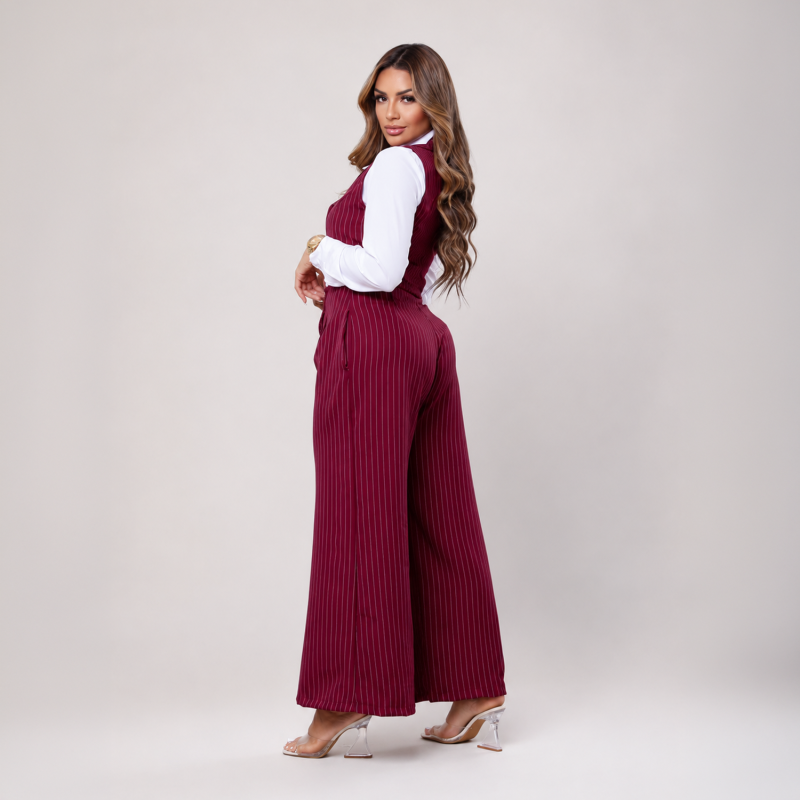 طقم نسائي أنيق - سترة أنيقة وبنطلون واسع الساقين مناسب للعمل والمكتب - عنابي
