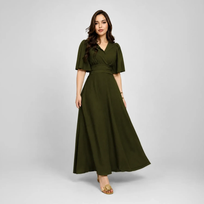 Women&rsquo;s Tamara Dress - Elegant 3/4 Sleeve Flowy Midi Dress for Everyday Wear - Military Green