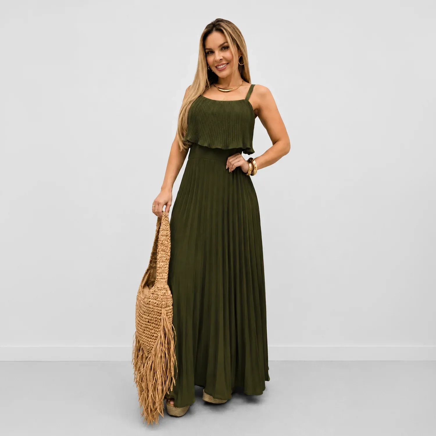 Women&rsquo;s Mia Dress - Sleeveless Long Casual Dress with Flowy Elegant Fit for Everyday Wear - Military Green