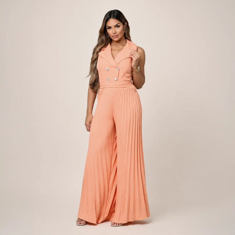 Women&rsquo;s Pleated Tailored Jumpsuit - Sleeveless Elegant One-Piece Outfit with Fabric Belt for Casual and Evening Wear - Salmon