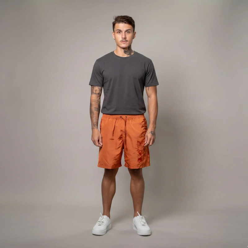 Men&rsquo;s Swim Shorts with Side Print - Lightweight Quick Dry Beach Shorts with Adjustable Drawstring Waist - Hazel Brown