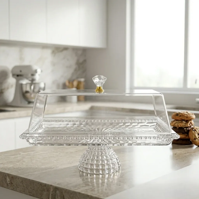 PET Plastic Sirla Cake Stand Lid Cover Included Rectangular Textured Pedestal Serving Dish Large