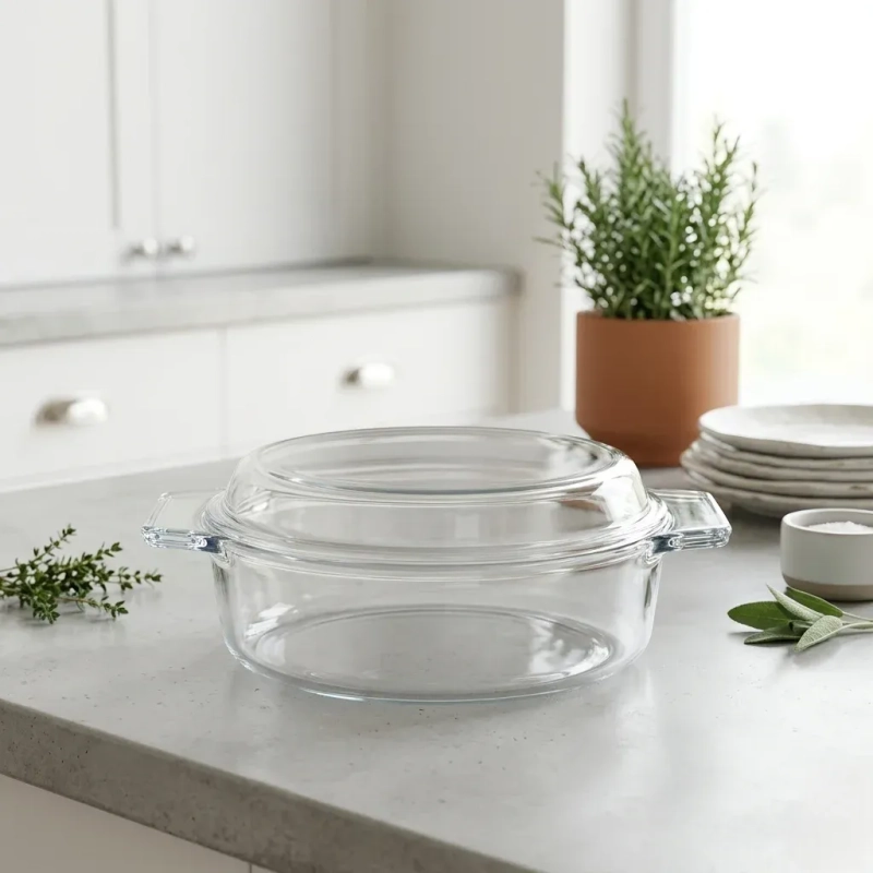 Tempered Glass HNT Round Casserole Serving Dish Lid Cover Included Transparent 2L
