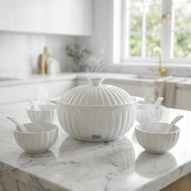 Ceramic Sirla Soup Tureen and Bowl Set Fluted Relief Pattern White 15-Piece