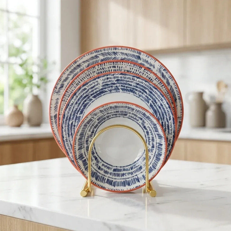 Porcelain Chichi Kar Porselen Dinnerware Set Blue Pino Abstract Concentric Pattern 24-Piece