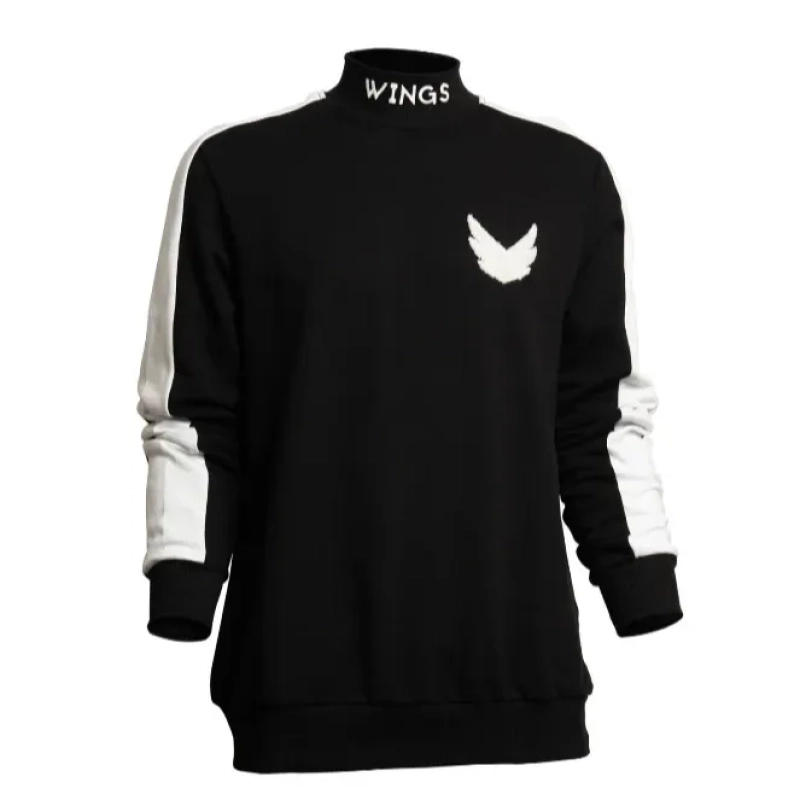 Wings Sweatshirt Designed 2 GO High Collar Panel Sleeve Ribbed Cotton - Black White